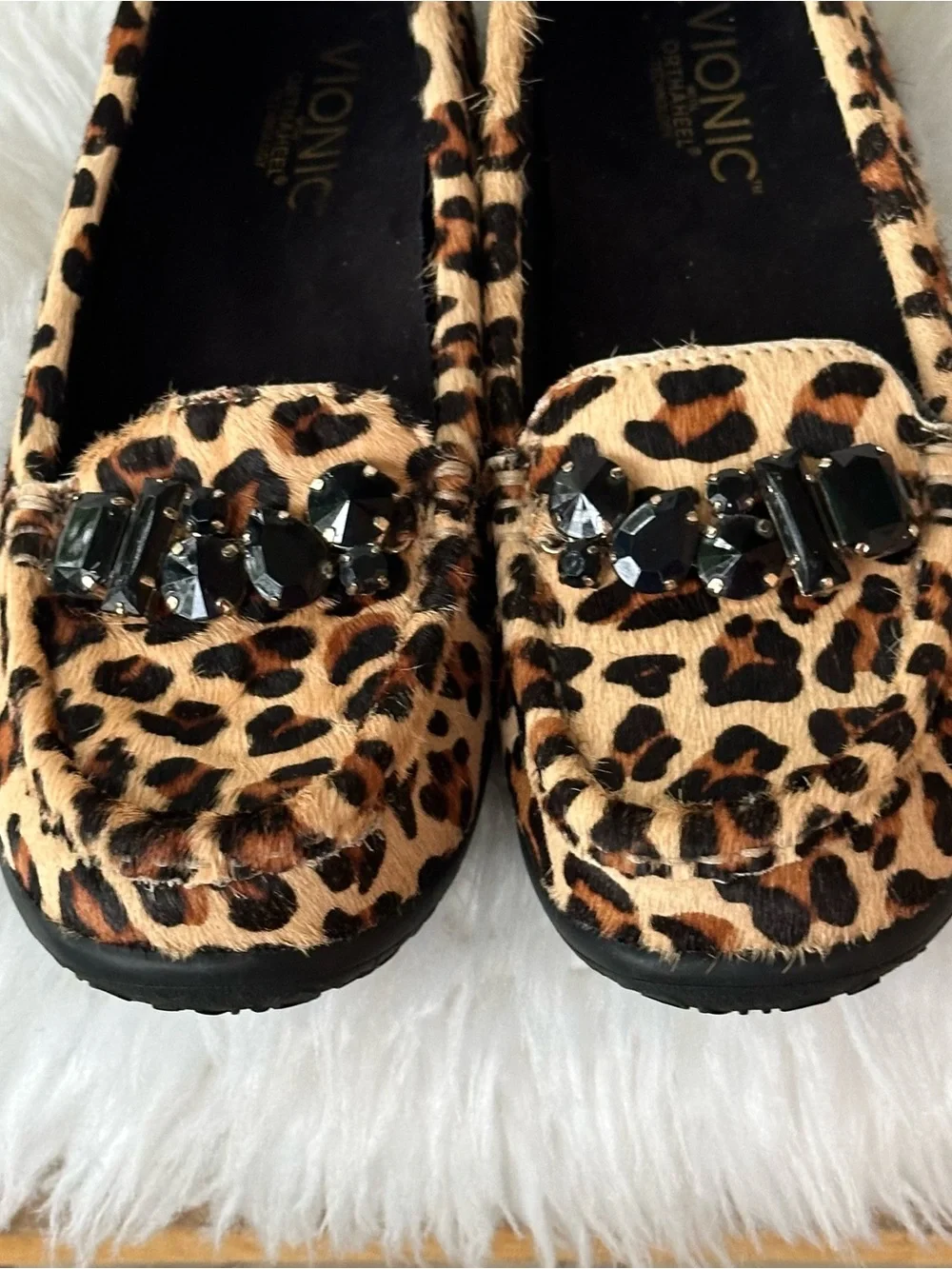 Vionic Leopard Print Jeweled Flats - Black, Tan